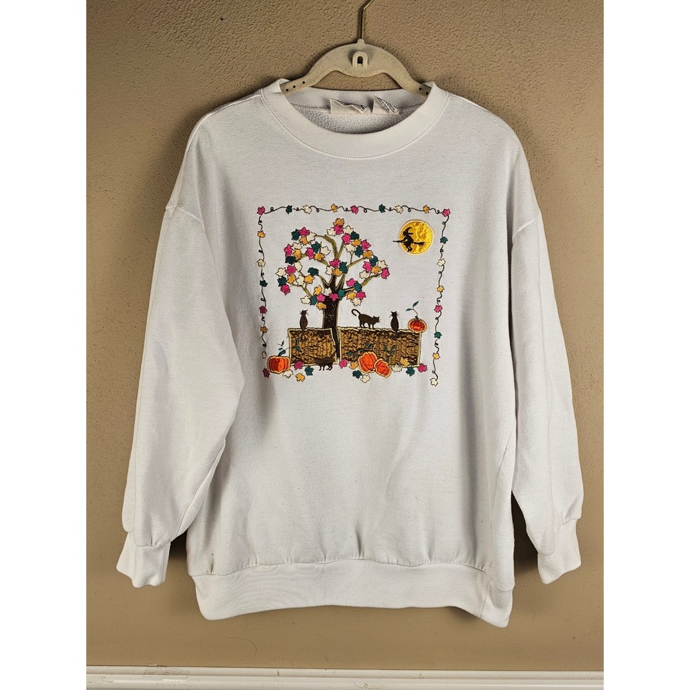 Vintage‎ Basic Editions Womens White Embroidered Halloween Sweater Large